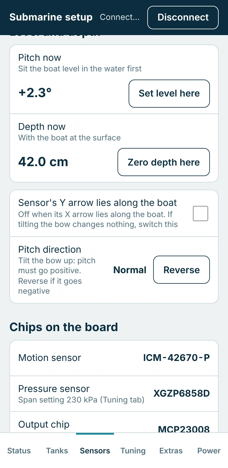 Sensors tab showing pitch now +2.3 degrees with a Set level here button, depth now 42.0 cm with a Zero depth here button, and the motion sensor, pressure sensor and output chip found on the board.