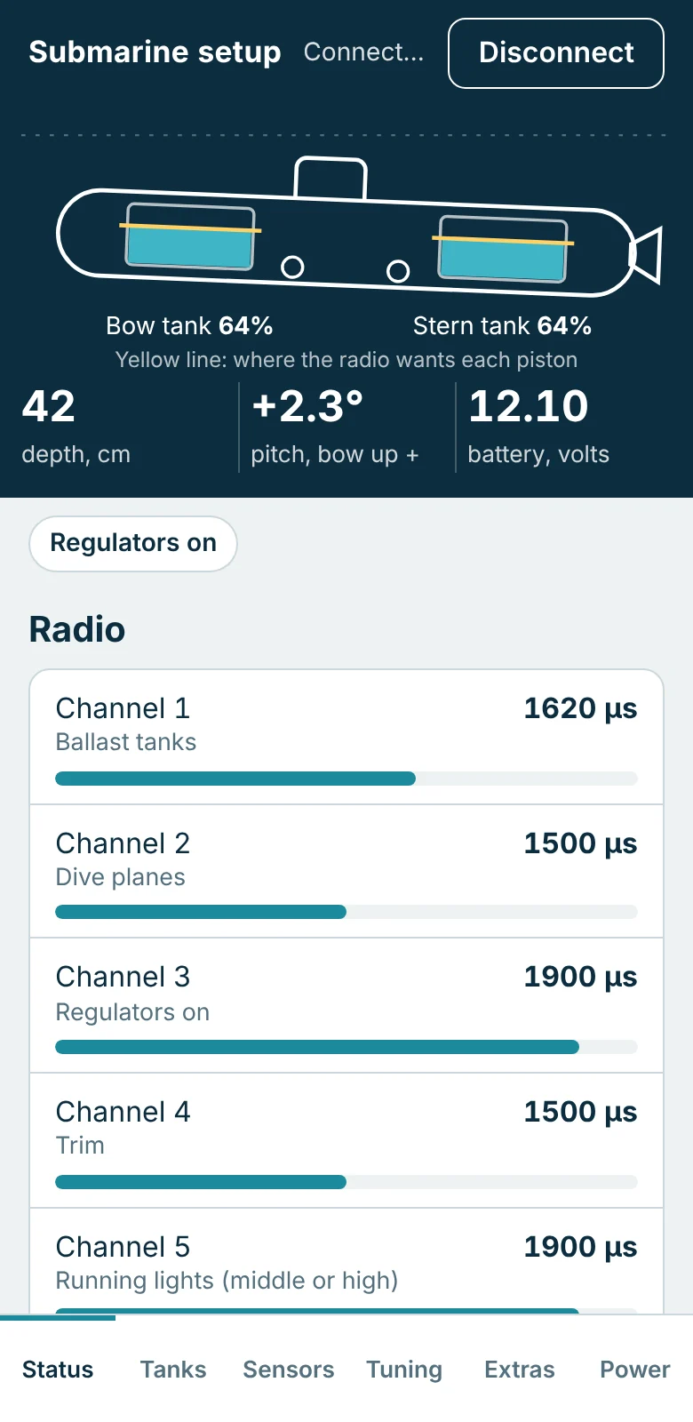 Status tab showing two tanks at 64 per cent, depth 42 cm, pitch +2.3 degrees and battery 12.10 volts.