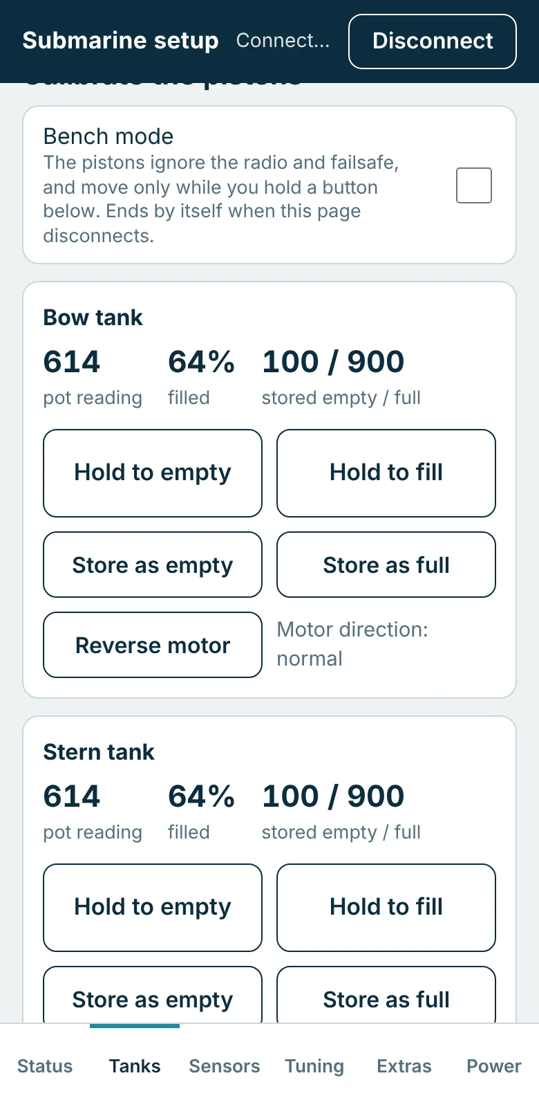 Tanks tab with bench mode and, for each tank, the pot reading and buttons to move the piston and store its end positions.