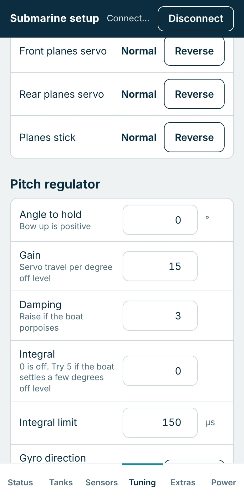 Tuning tab with reverse buttons for the plane servos and stick and the pitch regulator settings.