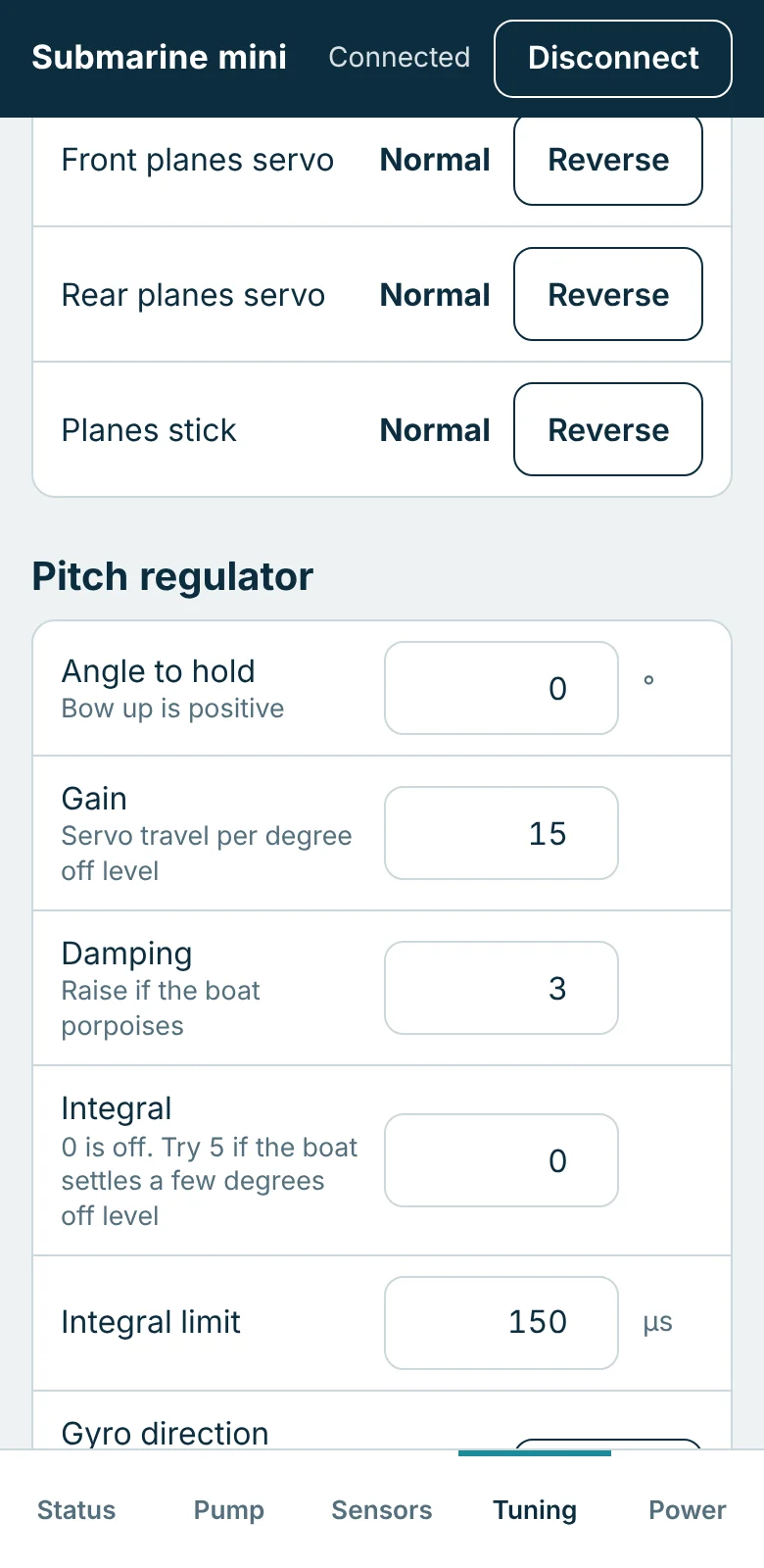 Mini Tuning tab with reverse buttons for the servos and stick and pitch regulator settings.