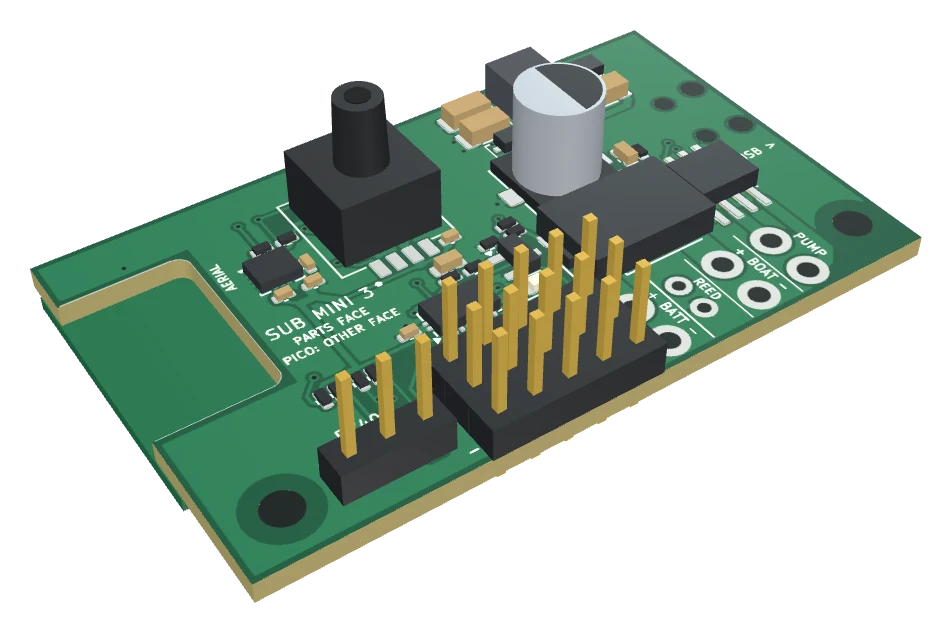 The Mini board seen from an angle, parts face up: the pressure sensor with its tube port, a round capacitor, and a strip of pins and wire pads along one long edge.